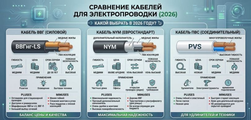 Кабель ВВГ, NYM или ПВС — какой выбрать в 2026 году?
